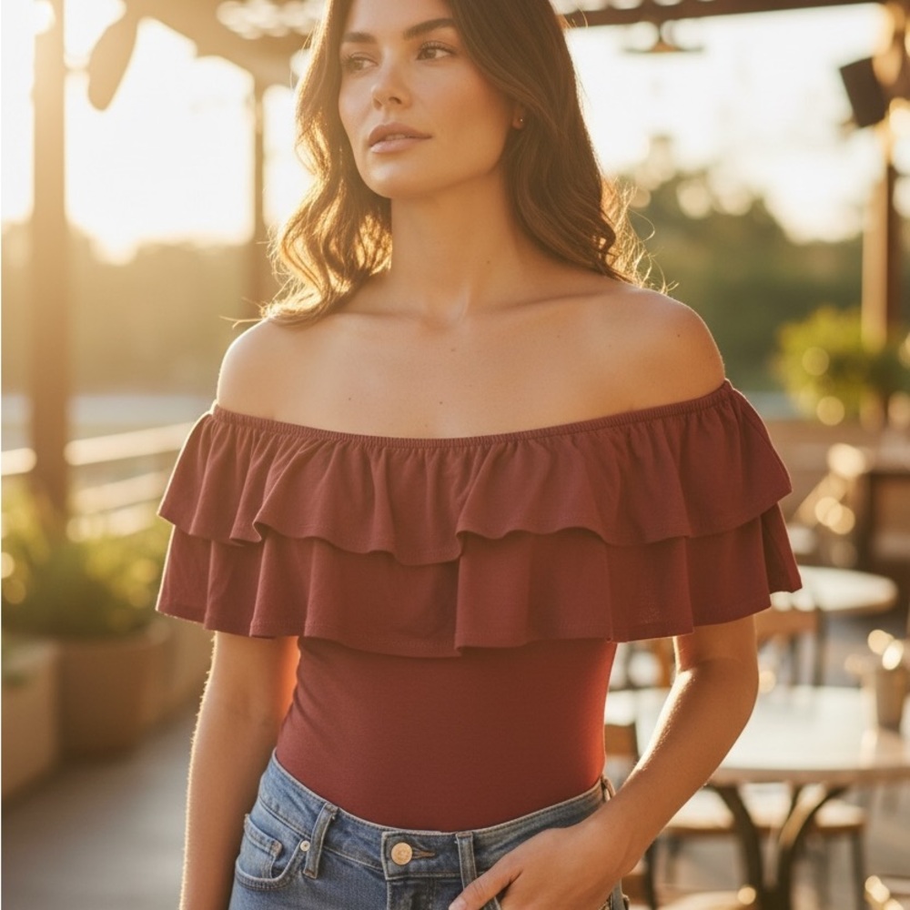 Lovely Bubbly Off Shoulder Ruffle Bodysuit Size Small